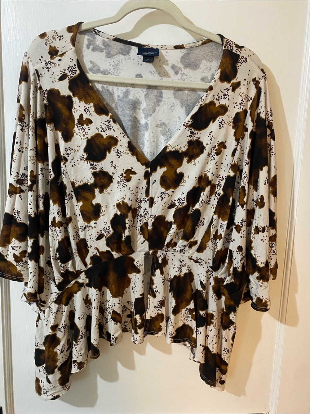 Daytrip Cream and Brown Abstract Wrap Peplum Blouse